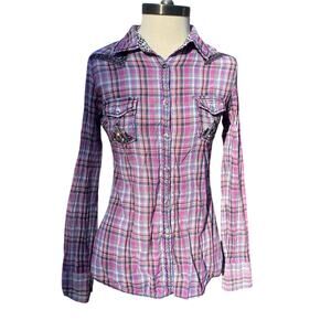 ROAR Destined To Purple Western Embroidered Button Front Shirt Women’s Size Med